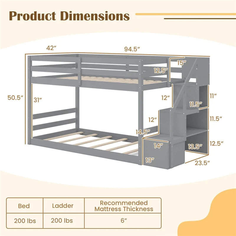 Twin Over Twin Bunk Bed with Storage Stairs, Solid Wood Floor Bunk Bed with Full-Length Guardrails - Product image 14