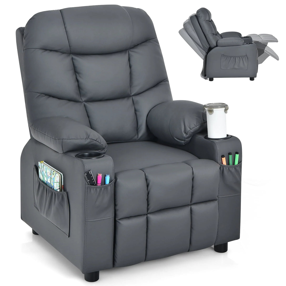 Costway Kids Youth Recliner Chair PU Leather W/Cup Holders & Side Pockets Grey - Product image 1