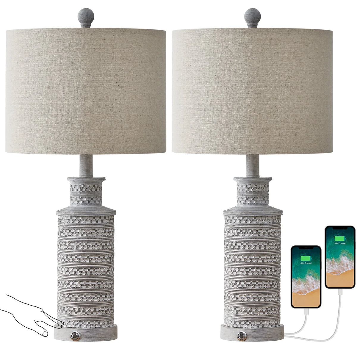 Oneach 3 Way Dimmable Table Lamp Set of 2 with USB Ports for Bedroom Living Room 24.5" Vintage Rustic - Product image 8