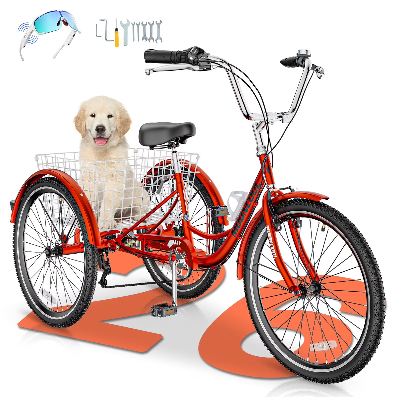 MOONCOOL Adult Tricycles with Rear Basket & Inflator, 24 26 in 7 Speed 3 Wheel Bikes, Three - Wheeled Bicycles Adult Trike with Backrest for Seniors, Women, Men