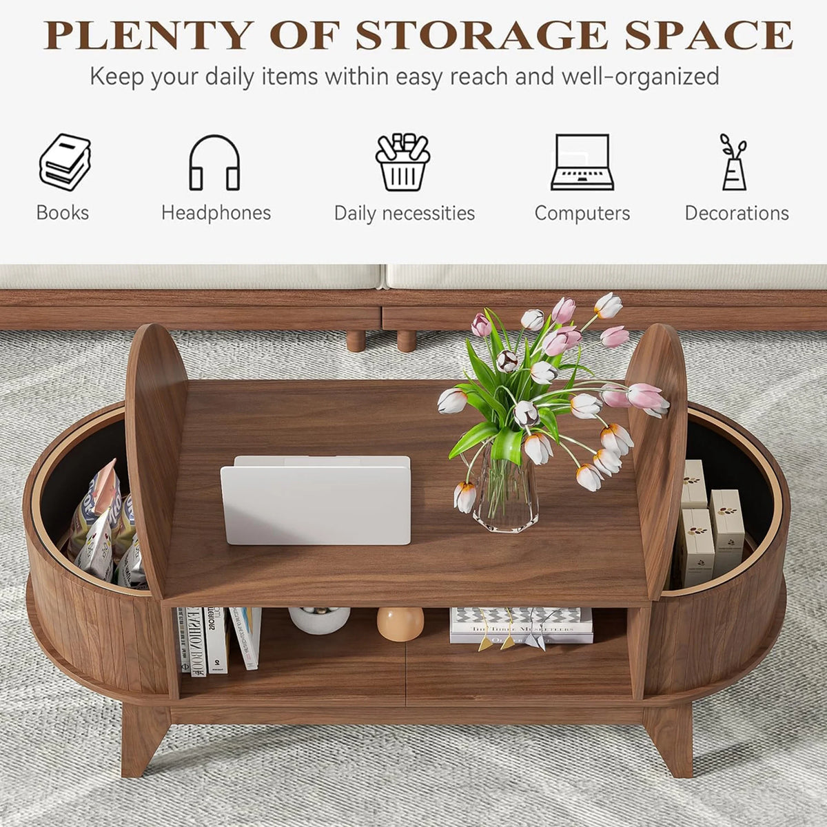 Fluted Coffee Table with Storage, Modern Coffee Tables, Wood Accent Center Table - Product image 19