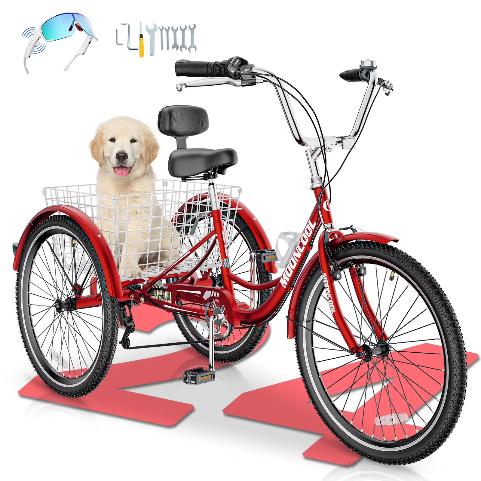 MOONCOOL Adult Tricycles with Rear Basket & Inflator, 24 26 in 7 Speed 3 Wheel Bikes, Three - Wheeled Bicycles Adult Trike with Backrest for Seniors, Women, Men