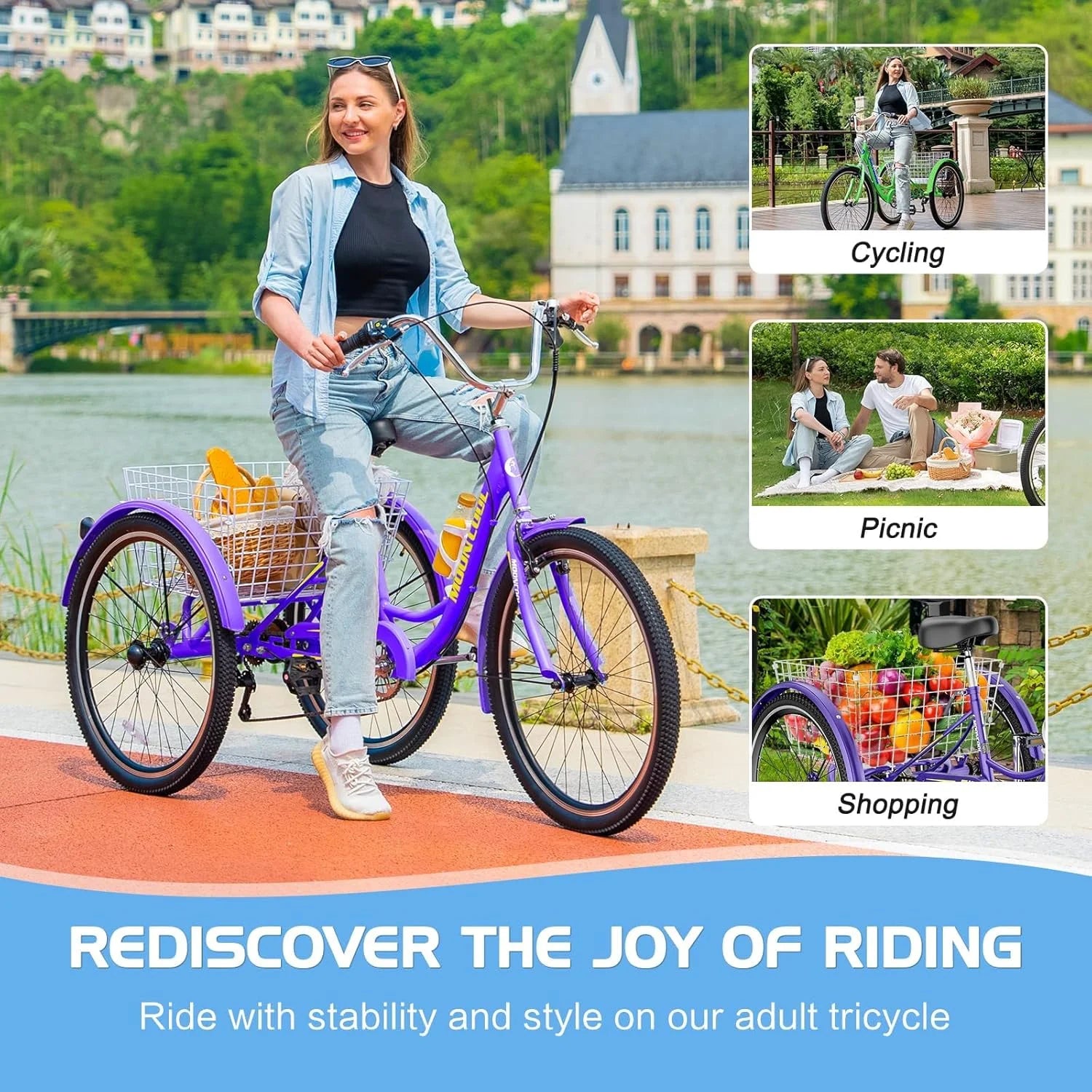 MOONCOOL Adult Tricycles with Rear Basket & Inflator, 24 26 in 7 Speed 3 Wheel Bikes, Three - Wheeled Bicycles Adult Trike with Backrest for Seniors, Women, Men