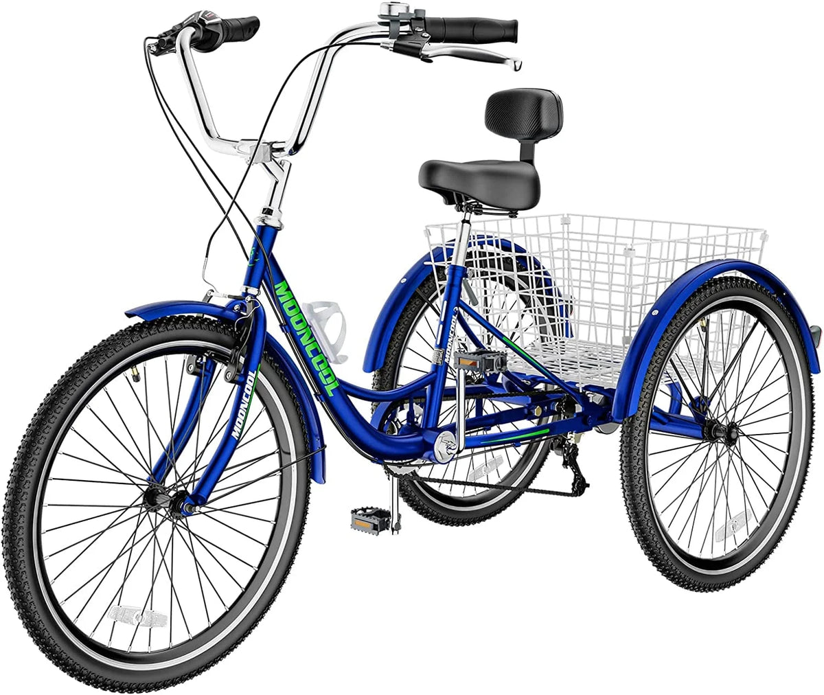 MOONCOOL Adult Tricycles with Rear Basket & Inflator, 24 26 in 7 Speed 3 Wheel Bikes, Three - Wheeled Bicycles Adult Trike with Backrest for Seniors, Women, Men