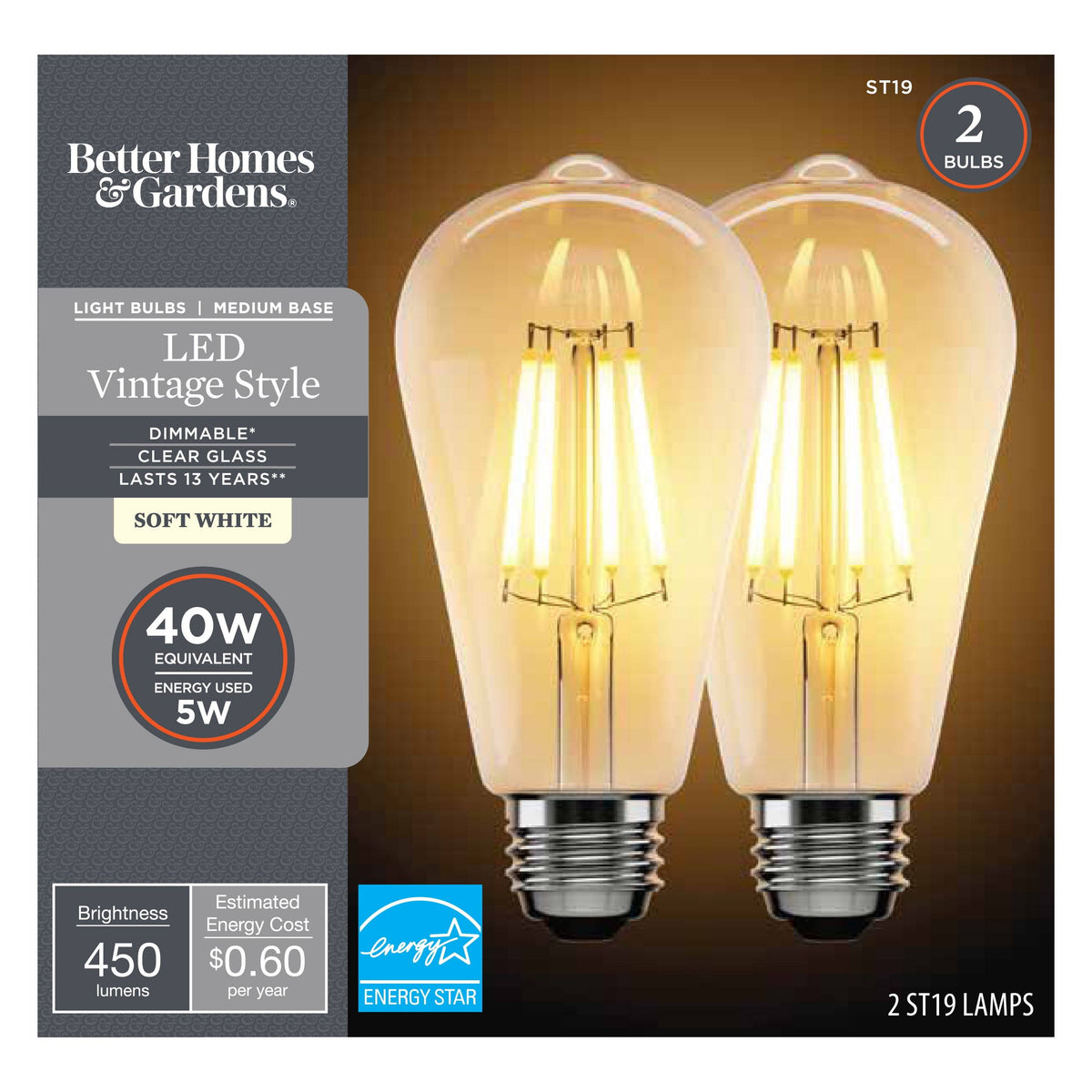 Better Homes & Gardens ST19 Vintage LED Light Bulb, 40 Watt Eqv, Dim, Soft White, Clear Finish - 2 Pk 41549 - Product image 1