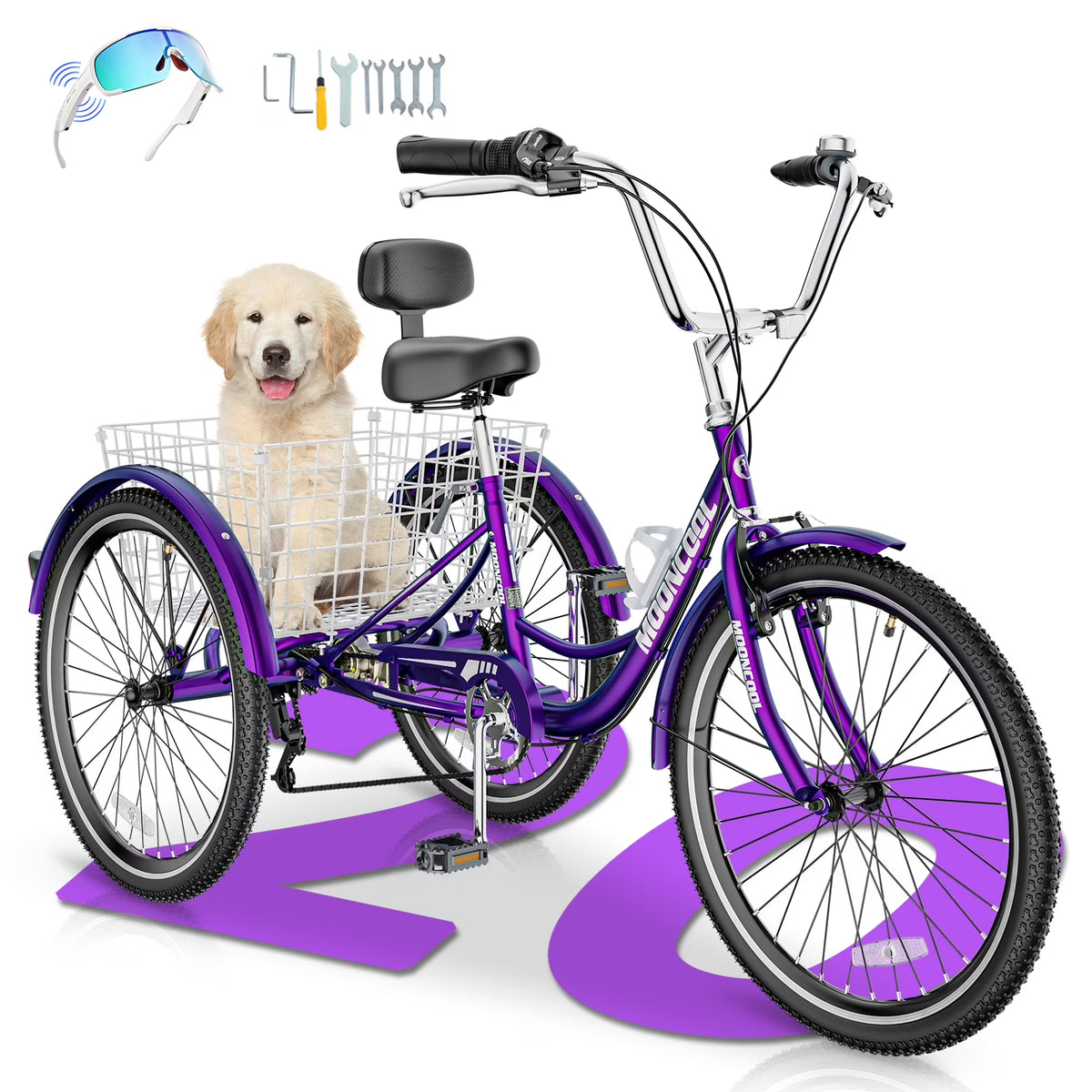 MOONCOOL Adult Tricycles with Rear Basket & Inflator, 24 26 in 7 Speed 3 Wheel Bikes, Three - Wheeled Bicycles Adult Trike with Backrest for Seniors, Women, Men