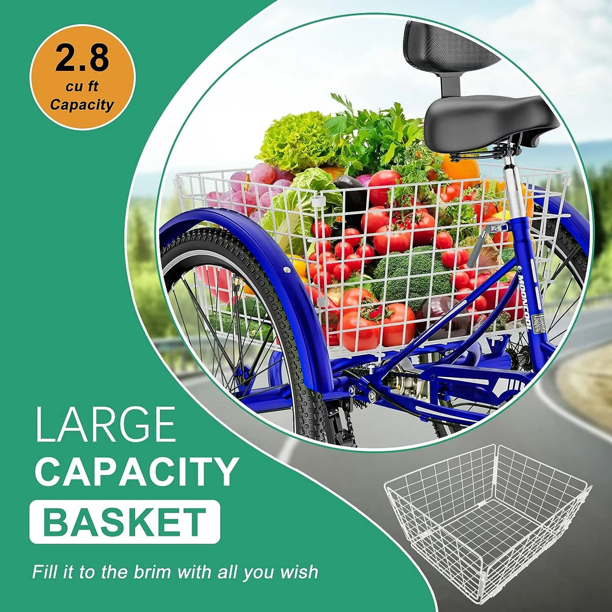 MOONCOOL Adult Tricycles with Rear Basket & Inflator, 24 26 in 7 Speed 3 Wheel Bikes, Three - Wheeled Bicycles Adult Trike with Backrest for Seniors, Women, Men