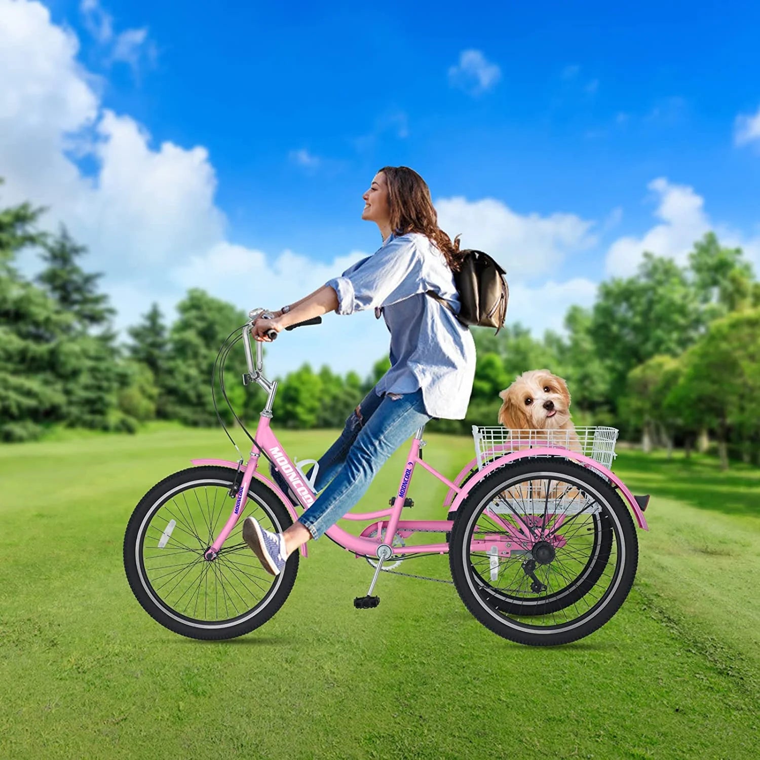 MOONCOOL Adult Tricycles with Rear Basket & Inflator, 24 26 in 7 Speed 3 Wheel Bikes, Three - Wheeled Bicycles Adult Trike with Backrest for Seniors, Women, Men