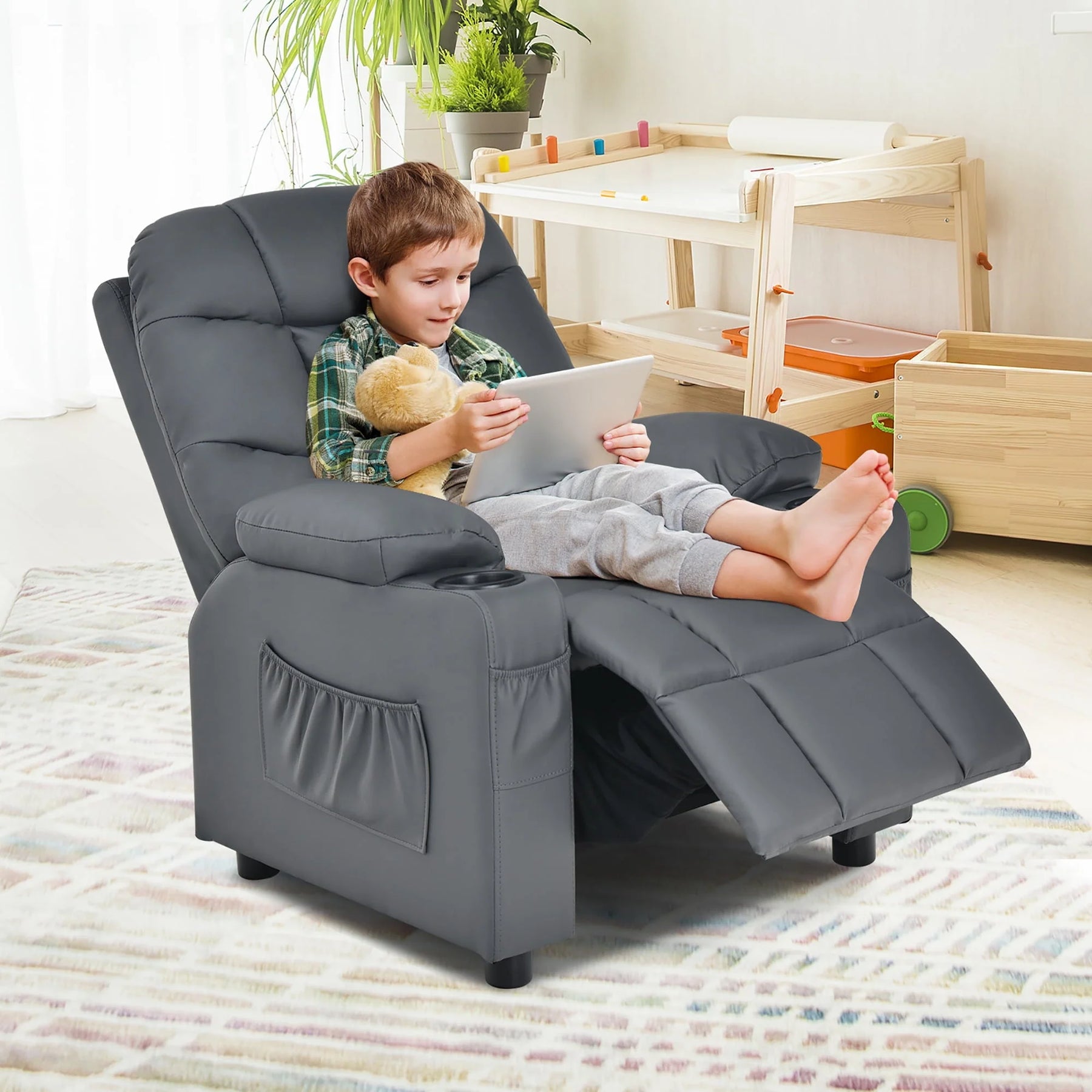 Costway Kids Youth Recliner Chair PU Leather W/Cup Holders & Side Pockets Grey - Product image 5