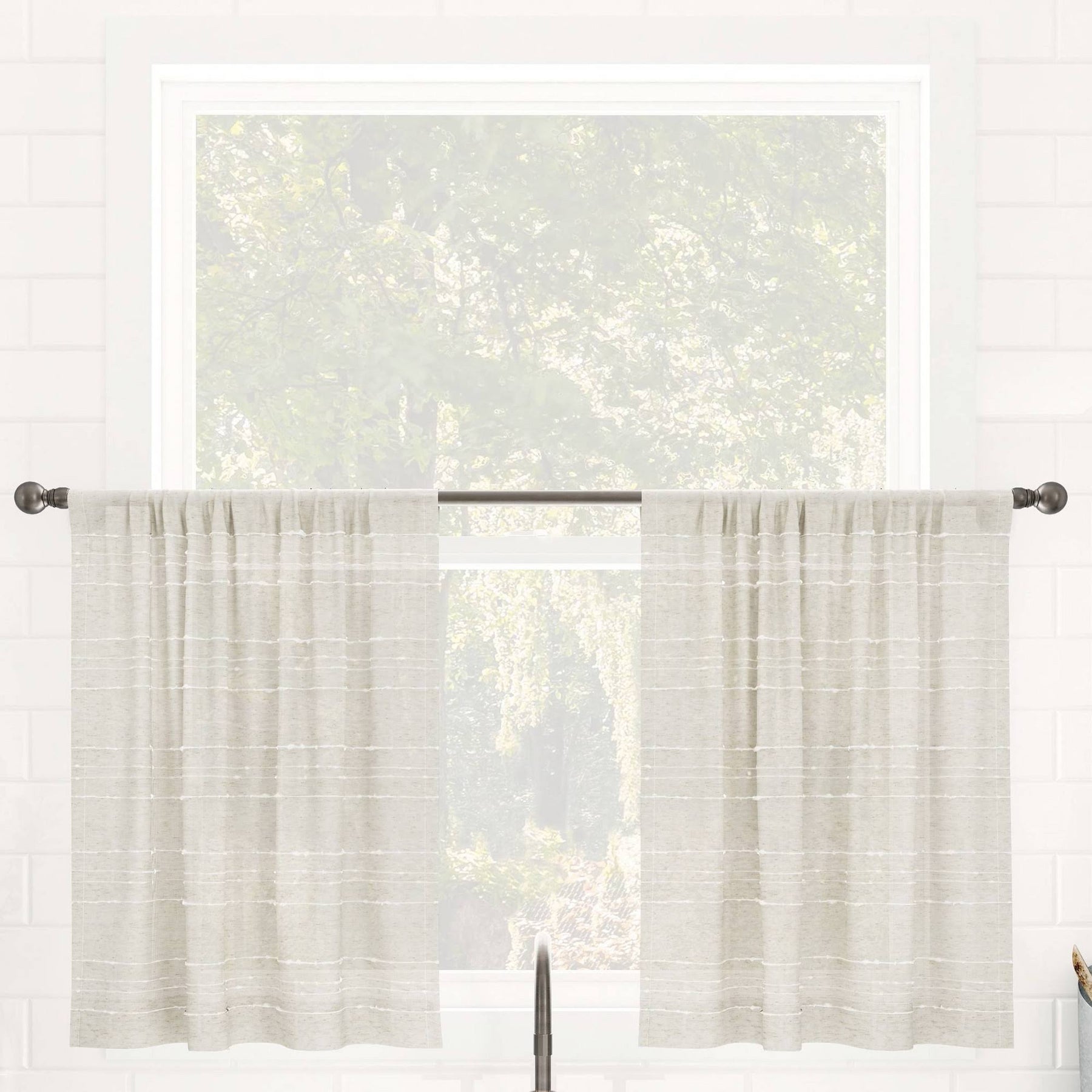 Clean Window Textured Slub Stripe Anti-Dust Linen Blend Sheer Cafe Curtain Pair - 52" x 36" - Product image 1