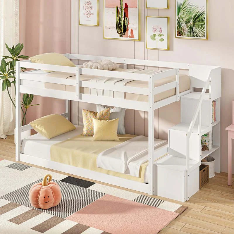 Twin Over Twin Bunk Bed with Storage Stairs, Solid Wood Floor Bunk Bed with Full-Length Guardrails - Product image 5