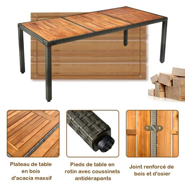 Garden furniture with 1 table and 8 chairs in wood and anti-UV rattan, adjustable feet and waterproof cushions included 20_0009211 -