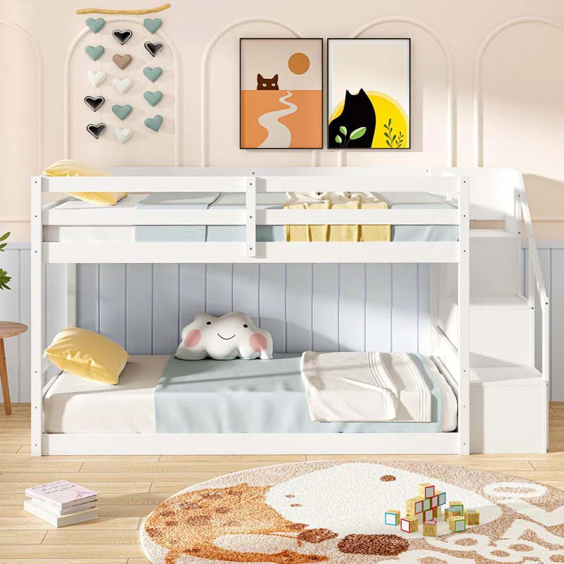 Twin Over Twin Bunk Bed with Storage Stairs, Solid Wood Floor Bunk Bed with Full-Length Guardrails - Product image 4