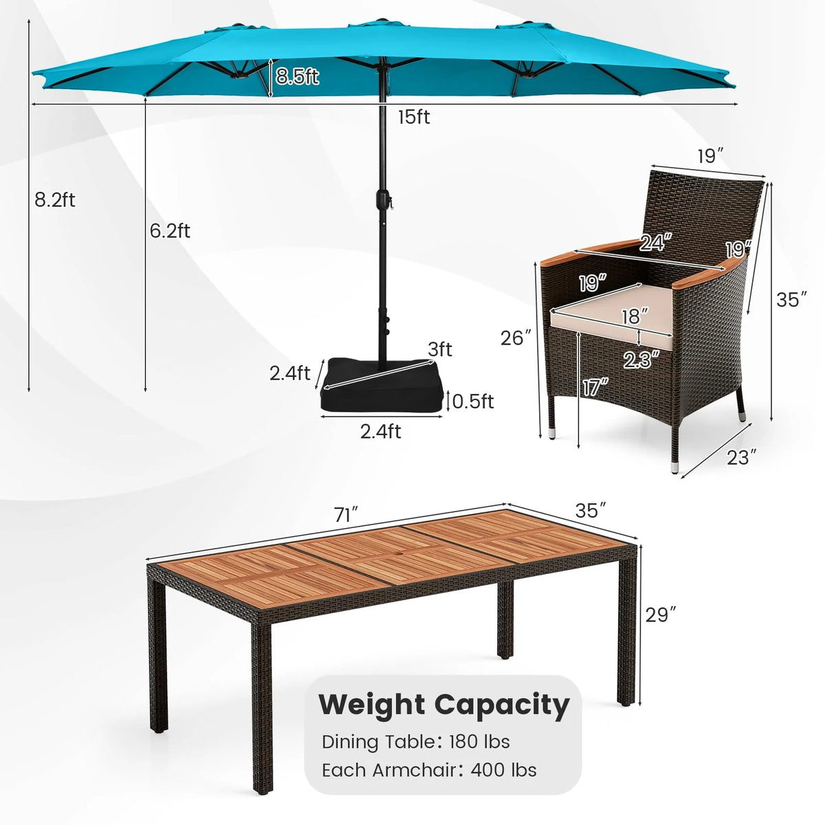 Tangkula 11 Pieces Outdoor Rattan Furniture Set with 15ft Double-Sided Patio Umbrella (Base Included)
