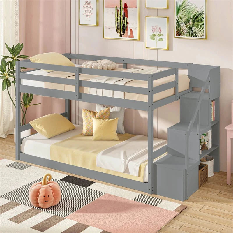 Twin Over Twin Bunk Bed with Storage Stairs, Solid Wood Floor Bunk Bed with Full-Length Guardrails - Product image 11