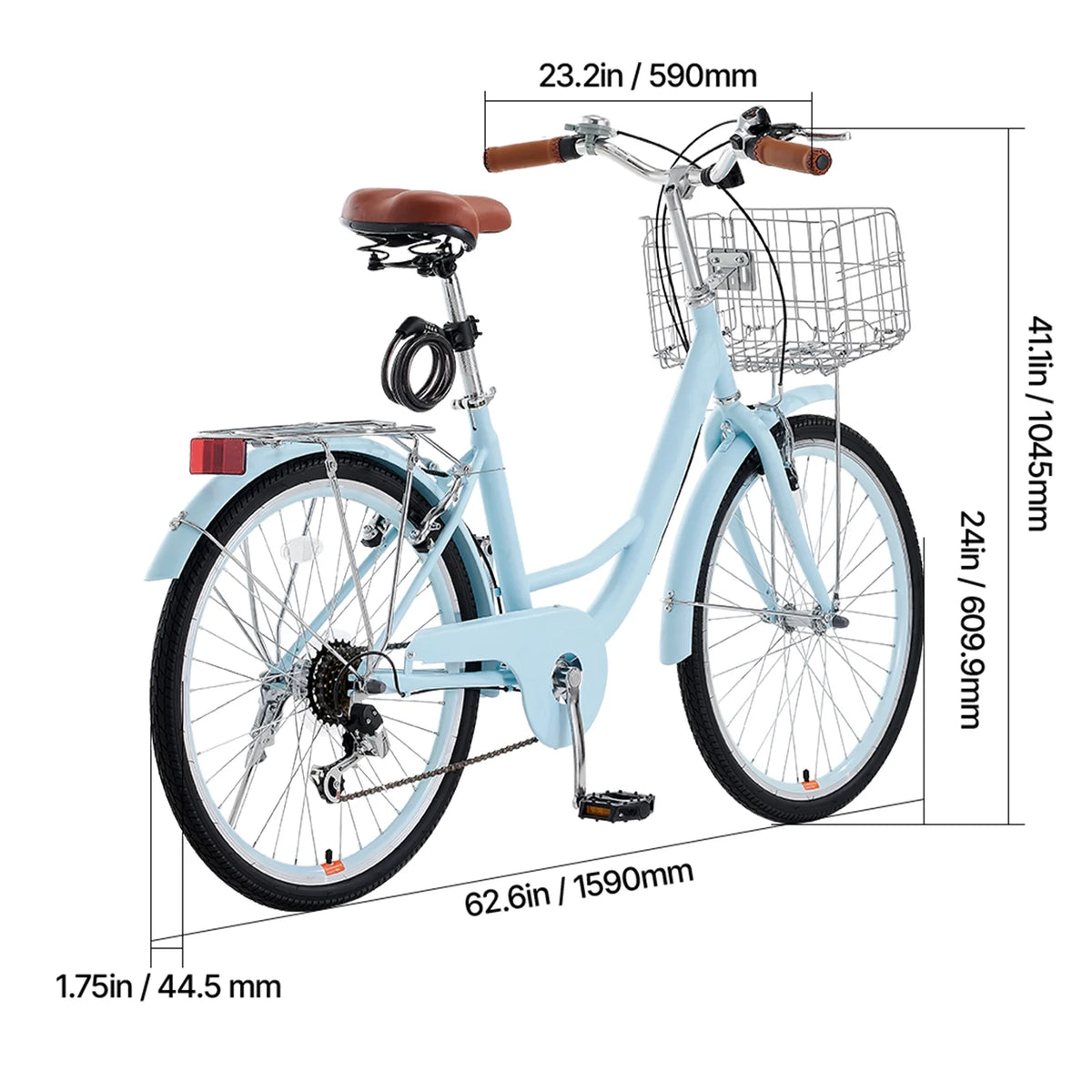 KFFKFF 24" Cruiser Bike, 7 - Speed, Sky Blue Coastal Cycle with Spacious Basket and Back Stand, Reliable & Robust Leisure Bicycle with Modifiable Saddle