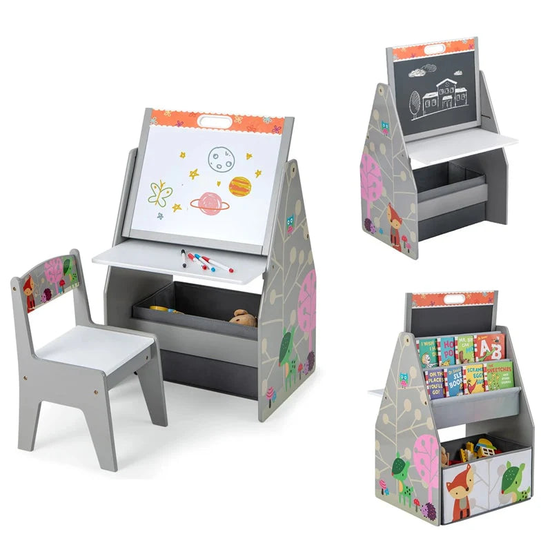 3-in-1 Kids Art Easel with Chair, Wooden Toddler Easel Table & Chair Set w/ Double-Sided Magnetic Whiteboard & Chalkboard, Bookshelf