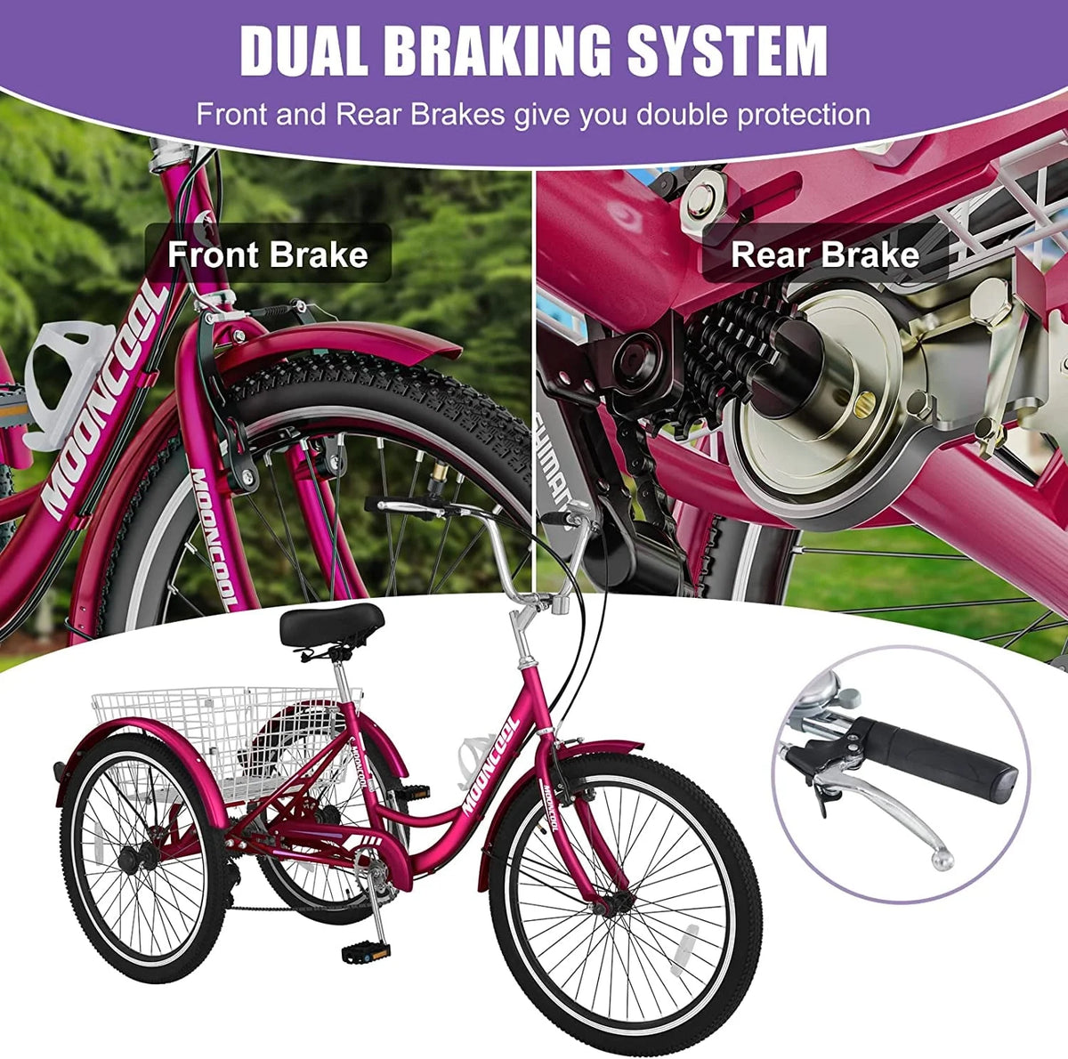 MOONCOOL Adult Tricycles with Rear Basket & Inflator, 24 26 in 7 Speed 3 Wheel Bikes, Three - Wheeled Bicycles Adult Trike with Backrest for Seniors, Women, Men
