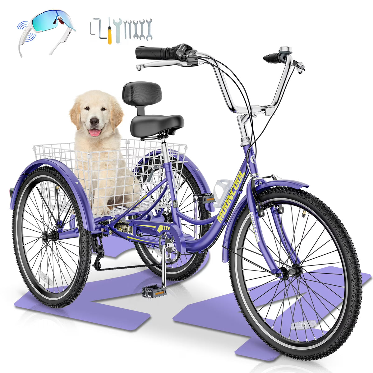 MOONCOOL Adult Tricycles with Rear Basket & Inflator, 24 26 in 7 Speed 3 Wheel Bikes, Three - Wheeled Bicycles Adult Trike with Backrest for Seniors, Women, Men