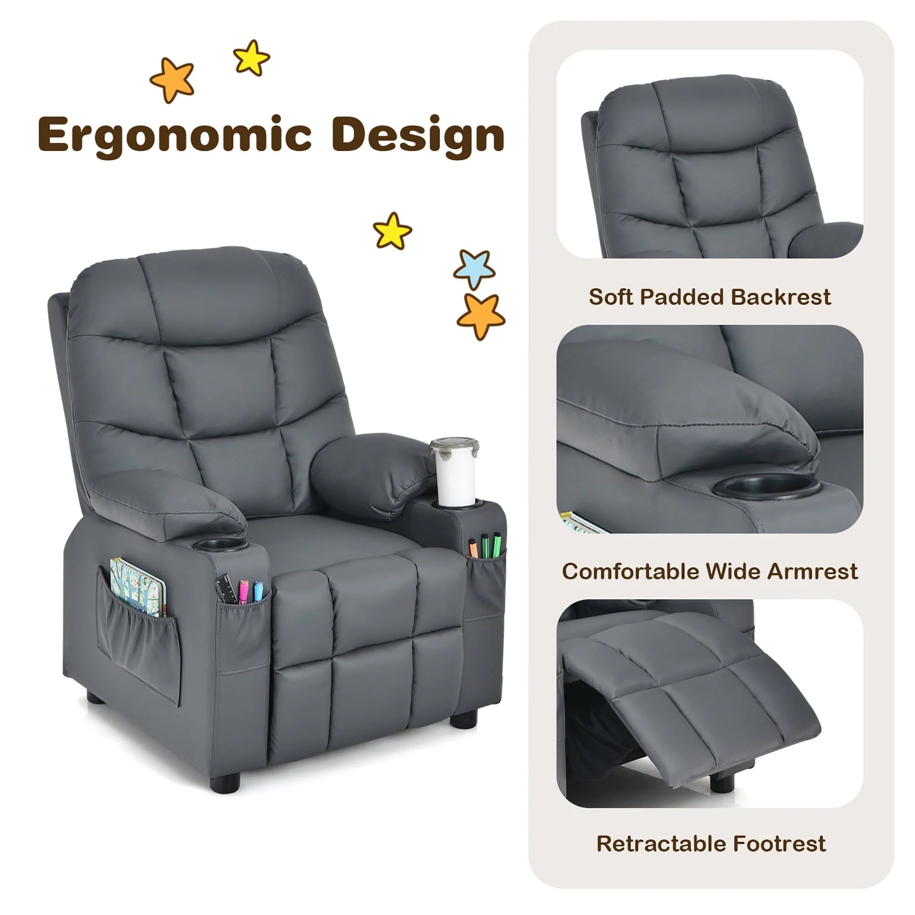 Costway Kids Youth Recliner Chair PU Leather W/Cup Holders & Side Pockets Grey - Product image 12