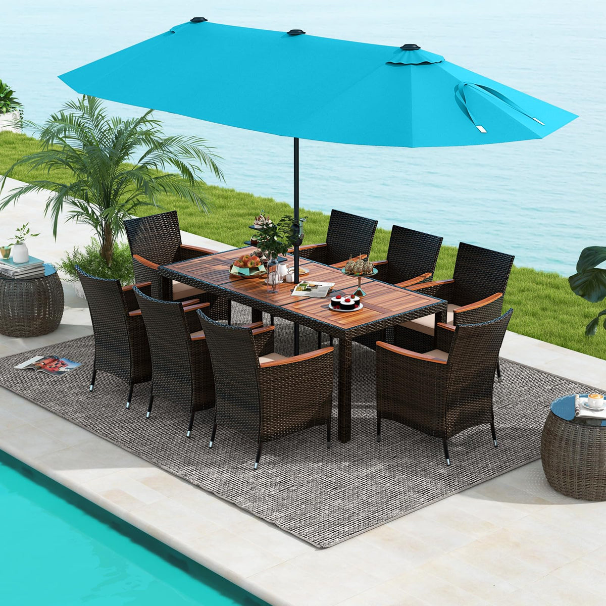 Tangkula 11 Pieces Outdoor Rattan Furniture Set with 15ft Double-Sided Patio Umbrella (Base Included)