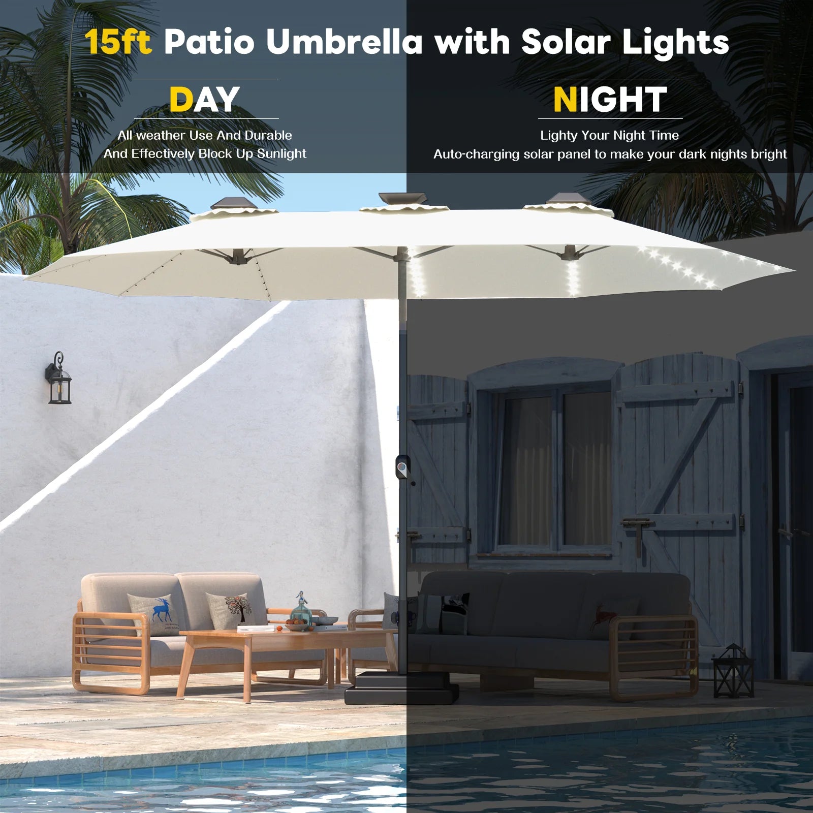 AECOJOY 15ft Patio Double-Sided Umbrella, 156 PCS Solar LED Light Outdoor Large Umbrella, Ivory - Product image 6