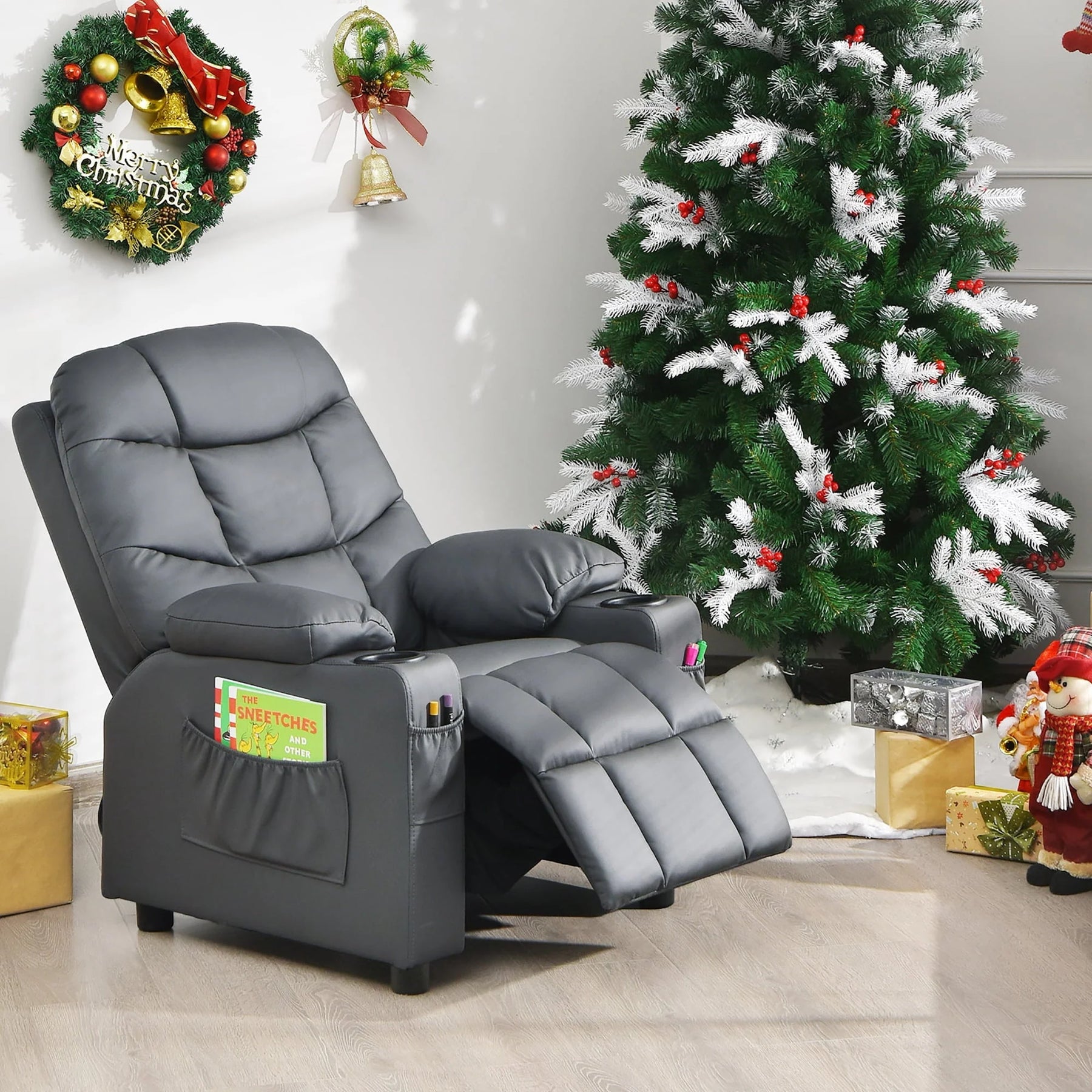 Costway Kids Youth Recliner Chair PU Leather W/Cup Holders & Side Pockets Grey - Product image 3