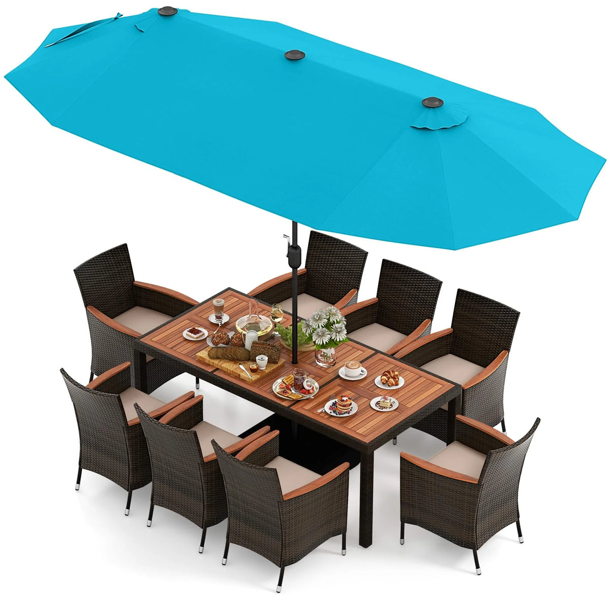 Tangkula 11 Pieces Outdoor Rattan Furniture Set with 15ft Double-Sided Patio Umbrella (Base Included)