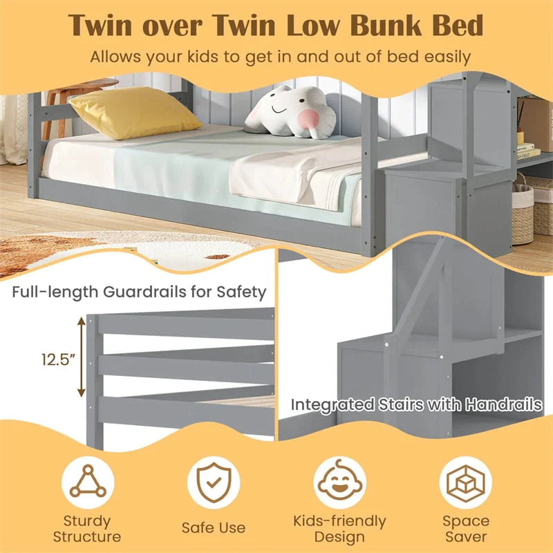 Twin Over Twin Bunk Bed with Storage Stairs, Solid Wood Floor Bunk Bed with Full-Length Guardrails - Product image 15