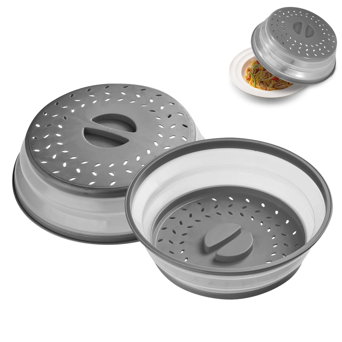 2 Pack Collapsible Microwave Cover Splatter Proof Food Plate, 10.5 inch Round with Grip Handle - Product image 1