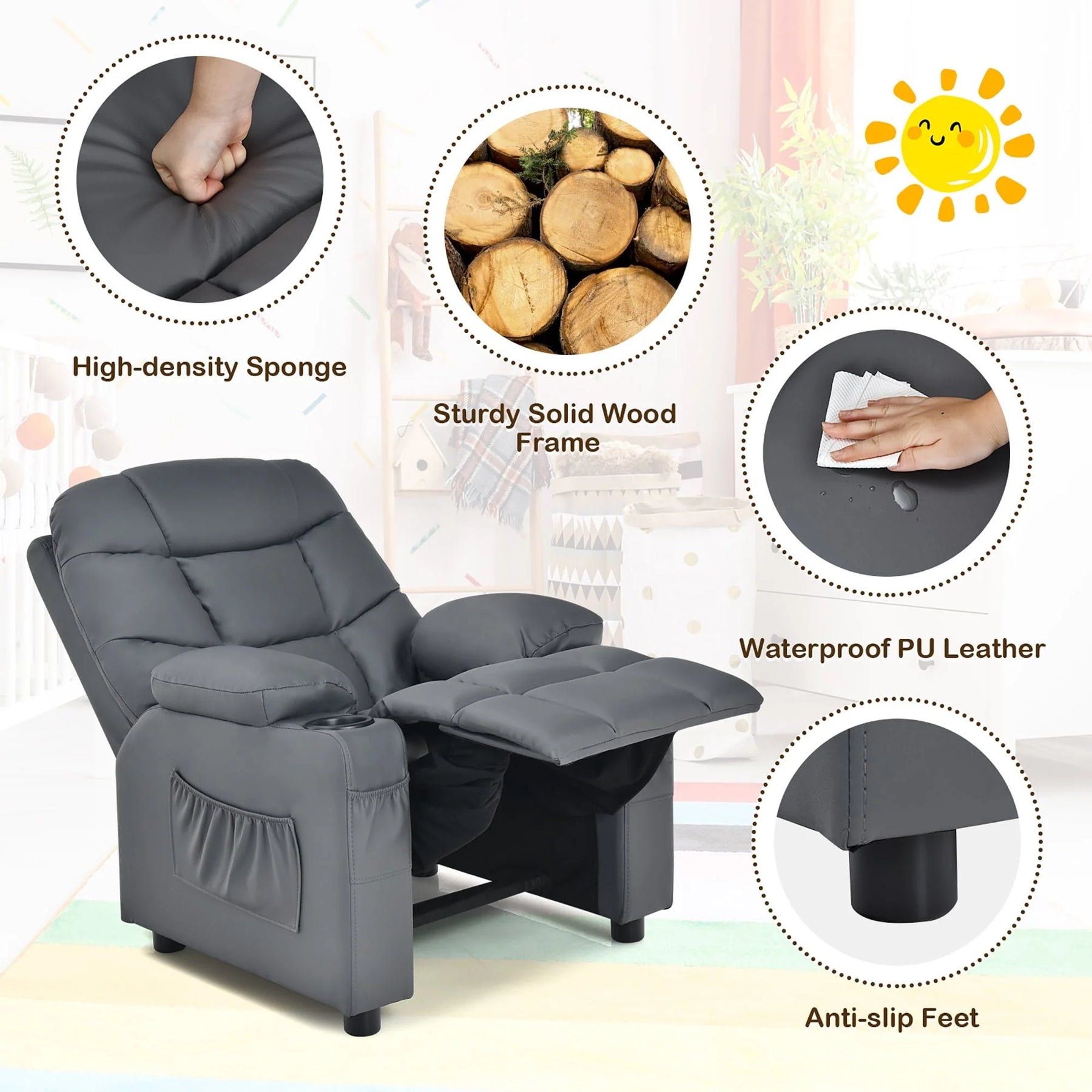 Costway Kids Youth Recliner Chair PU Leather W/Cup Holders & Side Pockets Grey - Product image 11