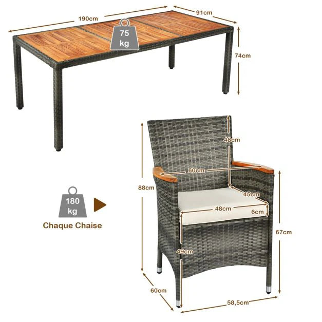 Garden furniture with 1 table and 8 chairs in wood and anti-UV rattan, adjustable feet and waterproof cushions included 20_0009211 -