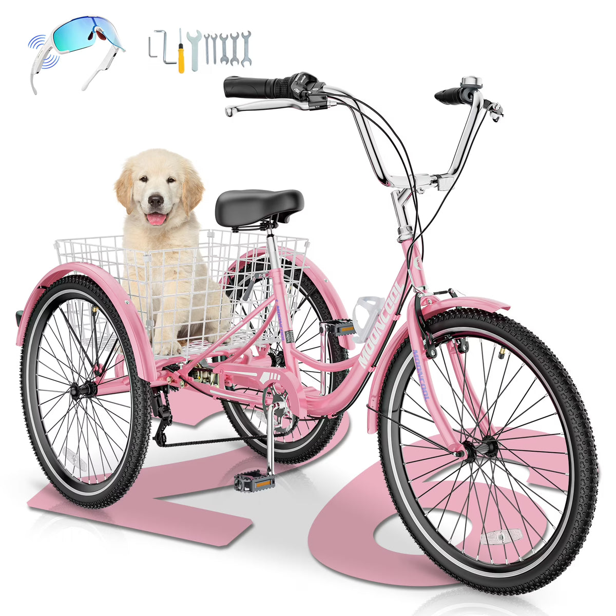 MOONCOOL Adult Tricycles with Rear Basket & Inflator, 24 26 in 7 Speed 3 Wheel Bikes, Three - Wheeled Bicycles Adult Trike with Backrest for Seniors, Women, Men