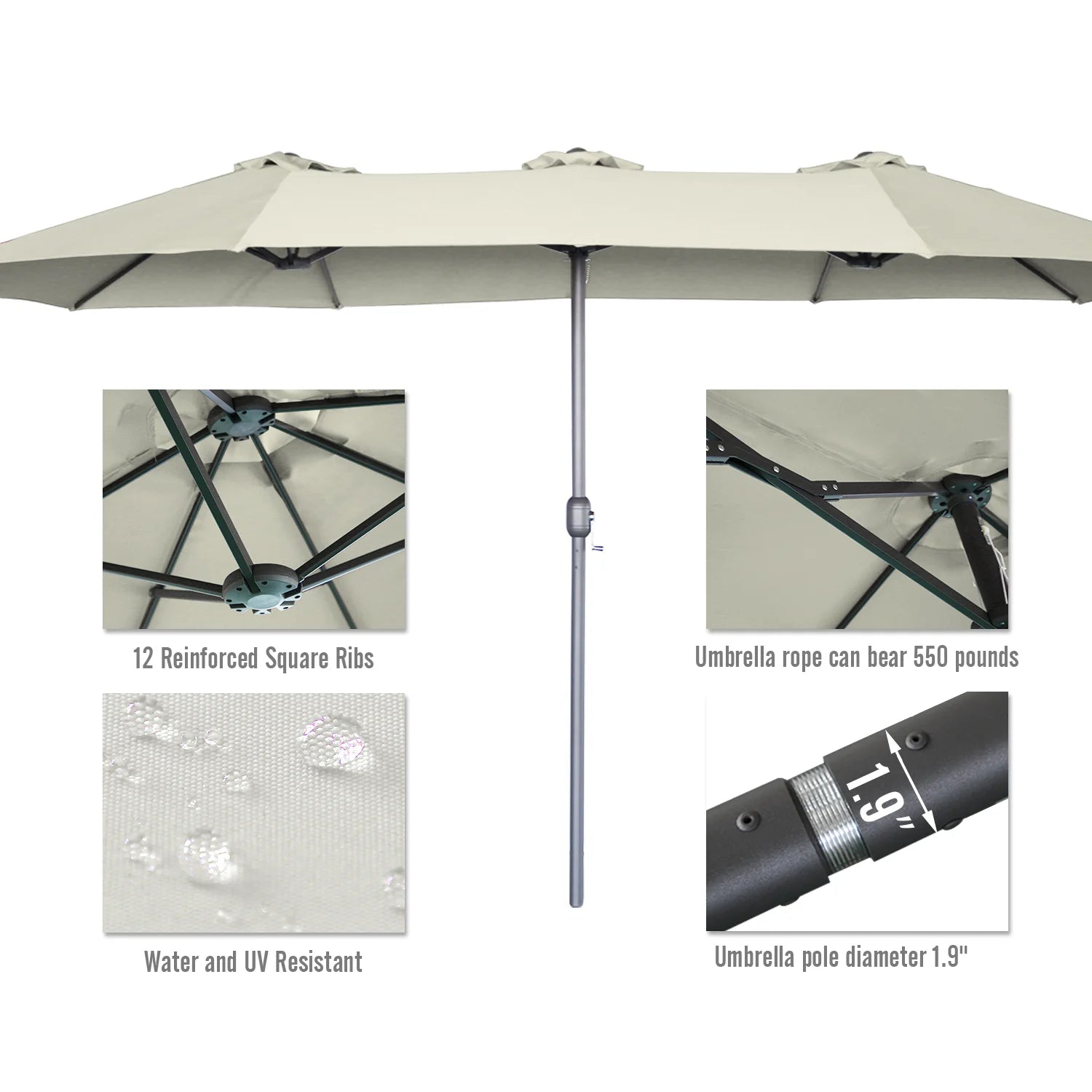AECOJOY 15x9ft Double-Sided Patio Umbrella, Ivory - Product image 6