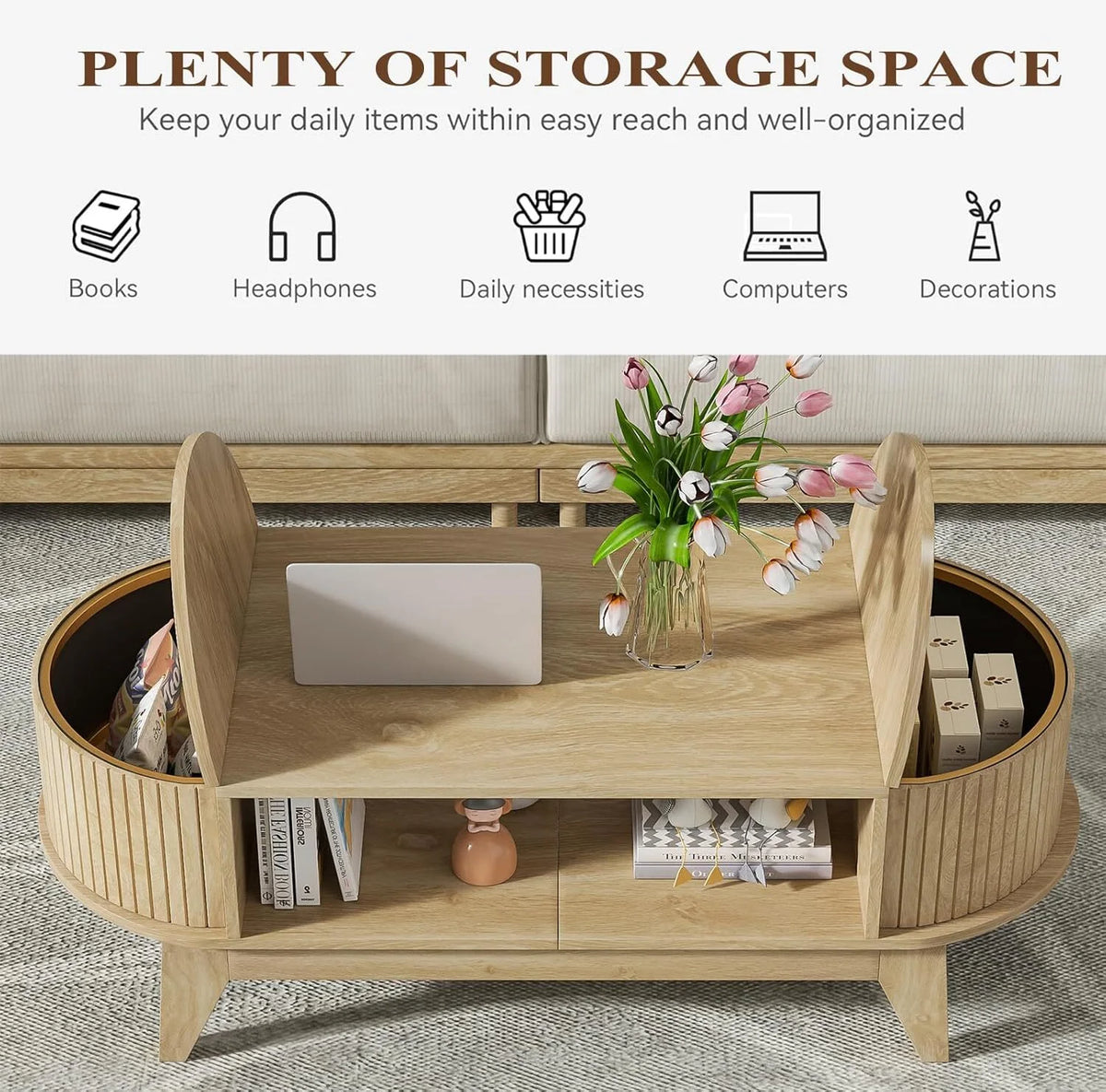 Fluted Coffee Table with Storage, Modern Coffee Tables, Wood Accent Center Table - Product image 6