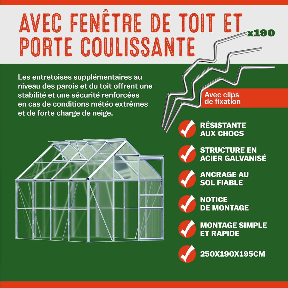 Gardebruk Aluminum Garden Greenhouse 7.63m³ Outdoor Shelter for Vegetable Plants 250x190x195cm with Windows