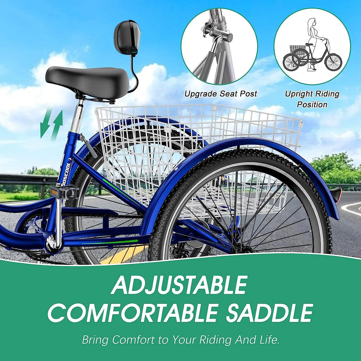 MOONCOOL Adult Tricycles with Rear Basket & Inflator, 24 26 in 7 Speed 3 Wheel Bikes, Three - Wheeled Bicycles Adult Trike with Backrest for Seniors, Women, Men