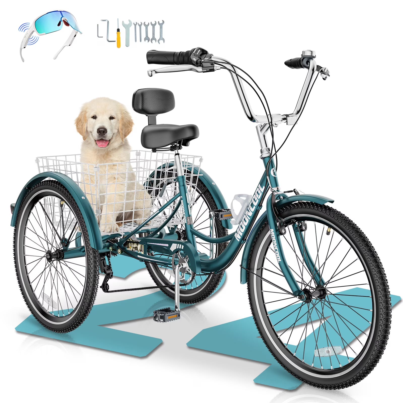 MOONCOOL Adult Tricycles with Rear Basket & Inflator, 24 26 in 7 Speed 3 Wheel Bikes, Three - Wheeled Bicycles Adult Trike with Backrest for Seniors, Women, Men