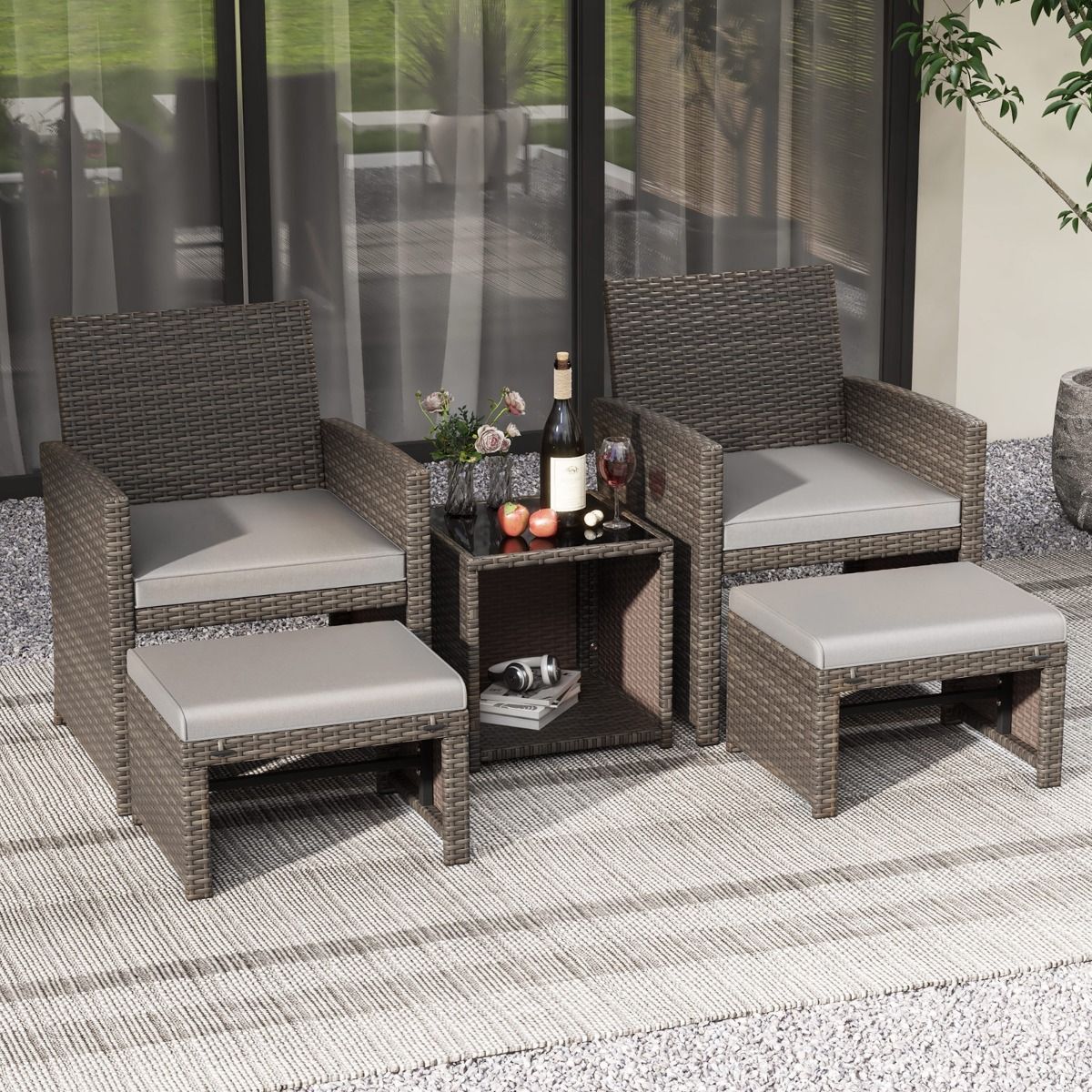Living Room Furniture Set 5PCS PE Rattan Garden Furniture Set with Cushion for Balcony Swimming Pool Terrace Grey/White -