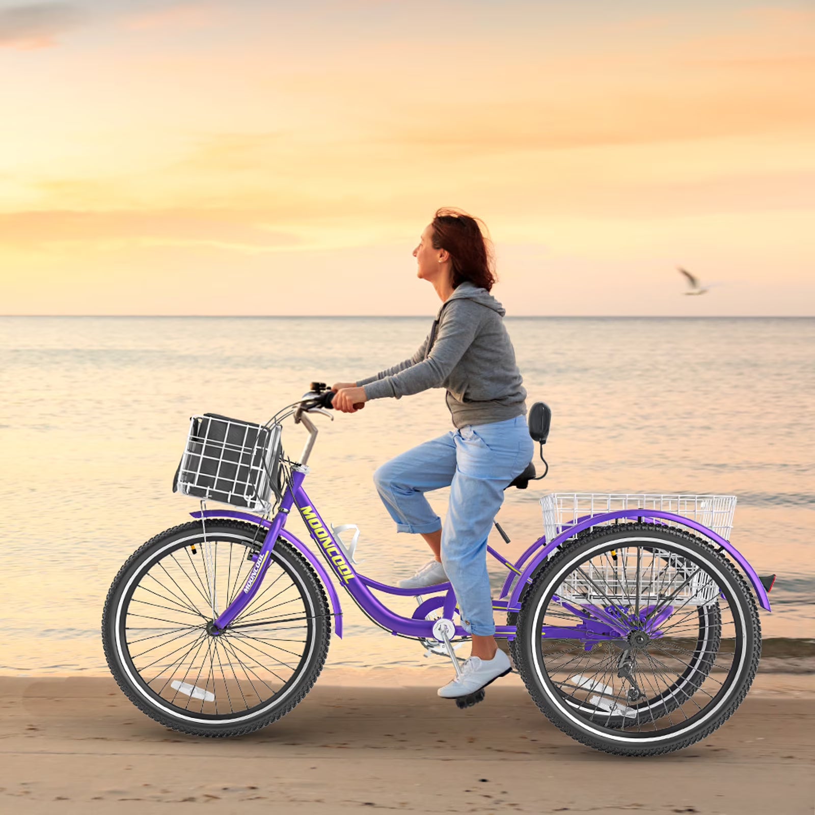 MOONCOOL Adult Tricycles with Rear Basket & Inflator, 24 26 in 7 Speed 3 Wheel Bikes, Three - Wheeled Bicycles Adult Trike with Backrest for Seniors, Women, Men