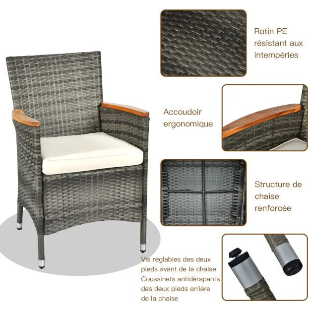 Garden furniture with 1 table and 8 chairs in wood and anti-UV rattan, adjustable feet and waterproof cushions included 20_0009211 -