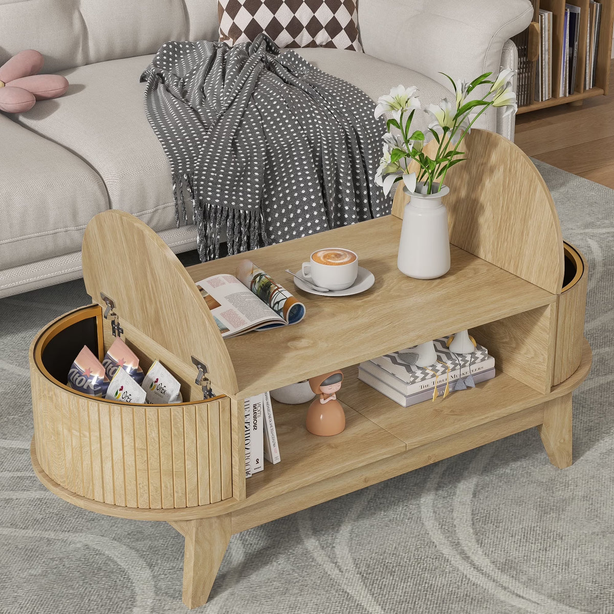 Fluted Coffee Table with Storage, Modern Coffee Tables, Wood Accent Center Table - Product image 1