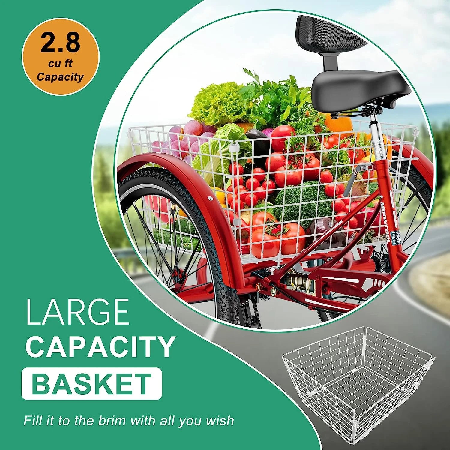 MOONCOOL Adult Tricycles with Rear Basket & Inflator, 24 26 in 7 Speed 3 Wheel Bikes, Three - Wheeled Bicycles Adult Trike with Backrest for Seniors, Women, Men