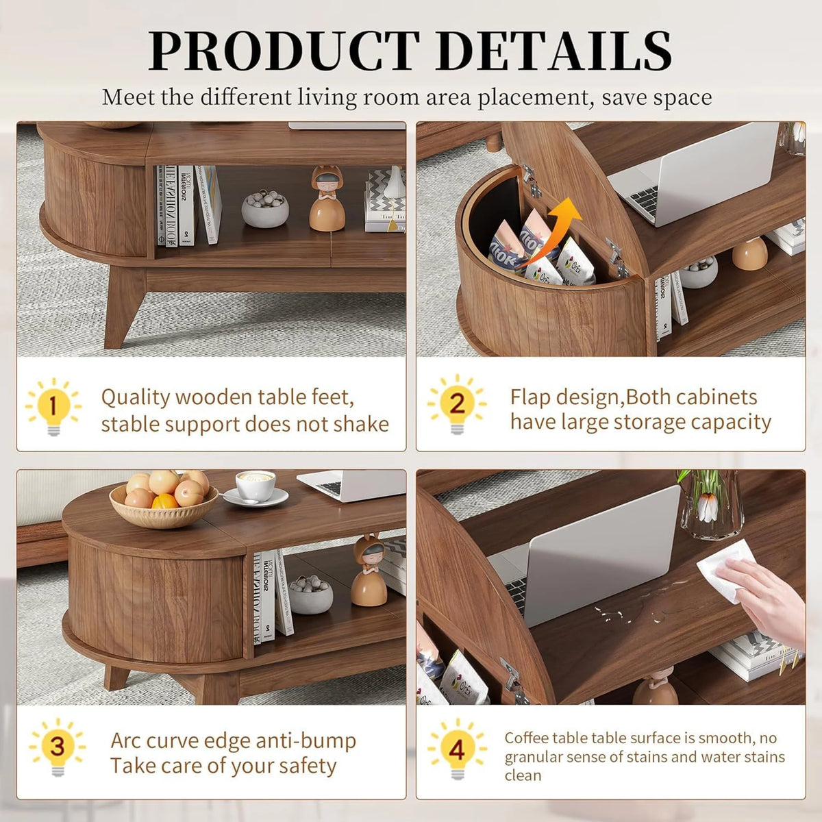 Fluted Coffee Table with Storage, Modern Coffee Tables, Wood Accent Center Table - Product image 20