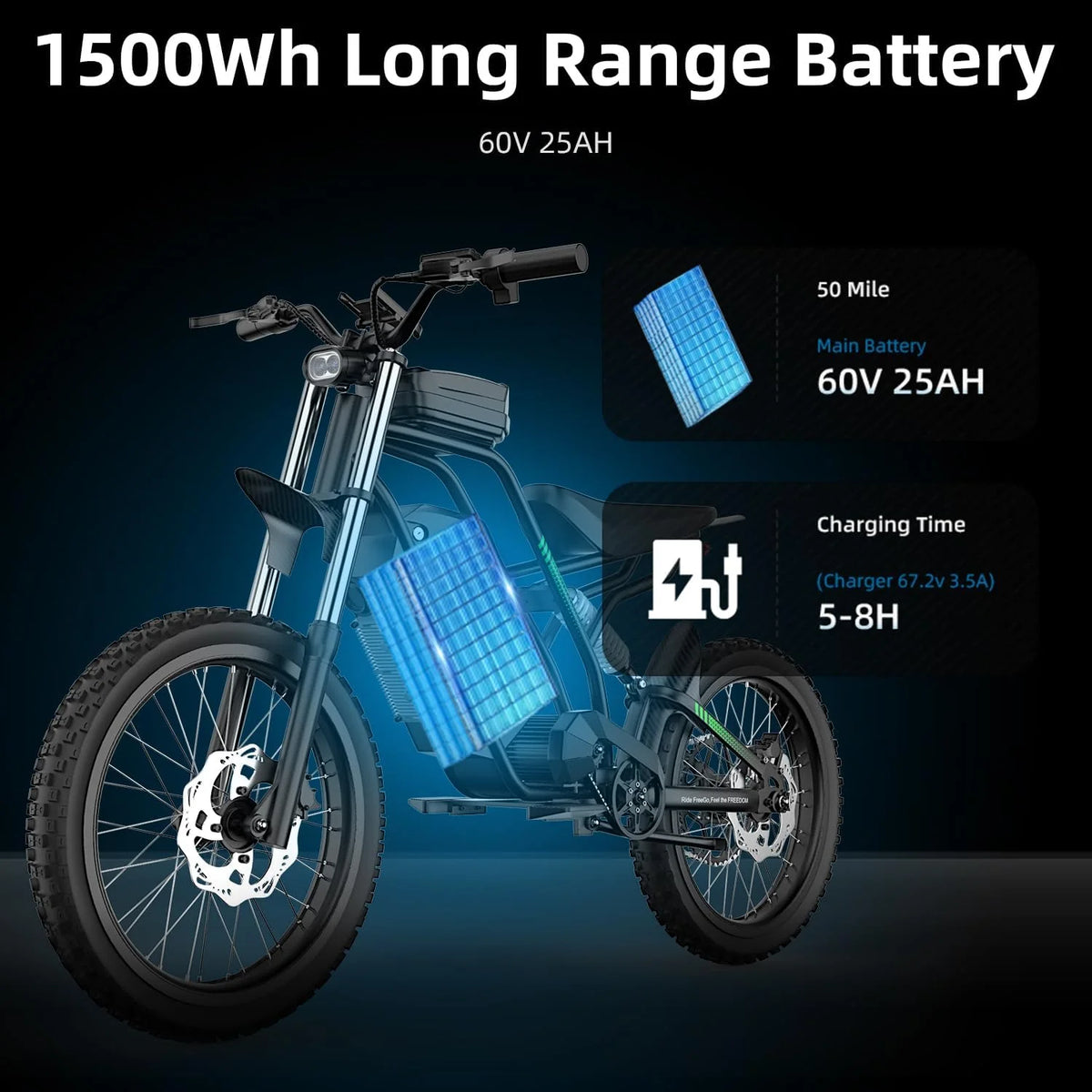 40MPH Electric Bicycle, Dual - Mode Electric Dirt Bike 3000W(Peak)Freego Nova3 Electric Motorcycle Bike for - Product image 4