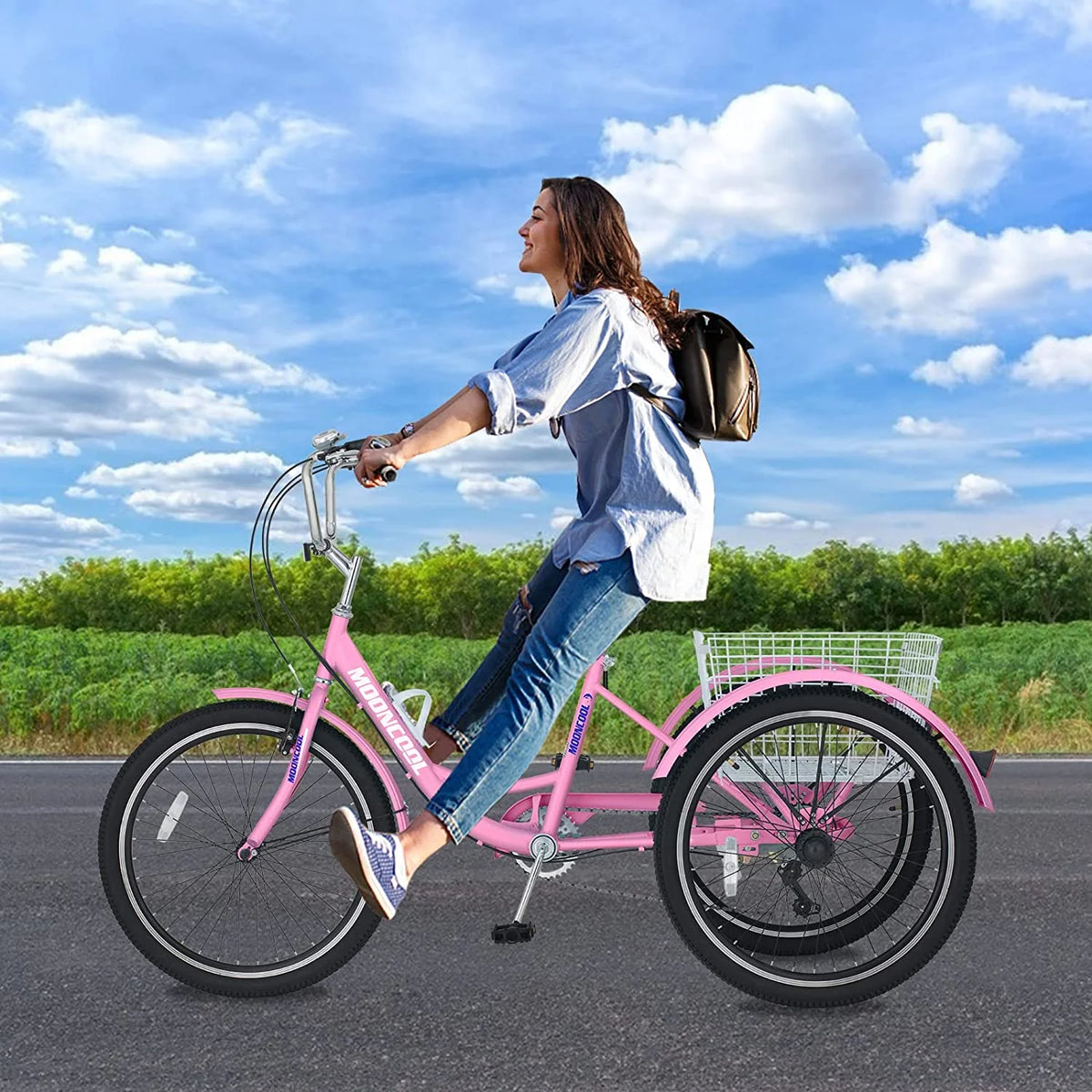 MOONCOOL Adult Tricycles with Rear Basket & Inflator, 24 26 in 7 Speed 3 Wheel Bikes, Three - Wheeled Bicycles Adult Trike with Backrest for Seniors, Women, Men