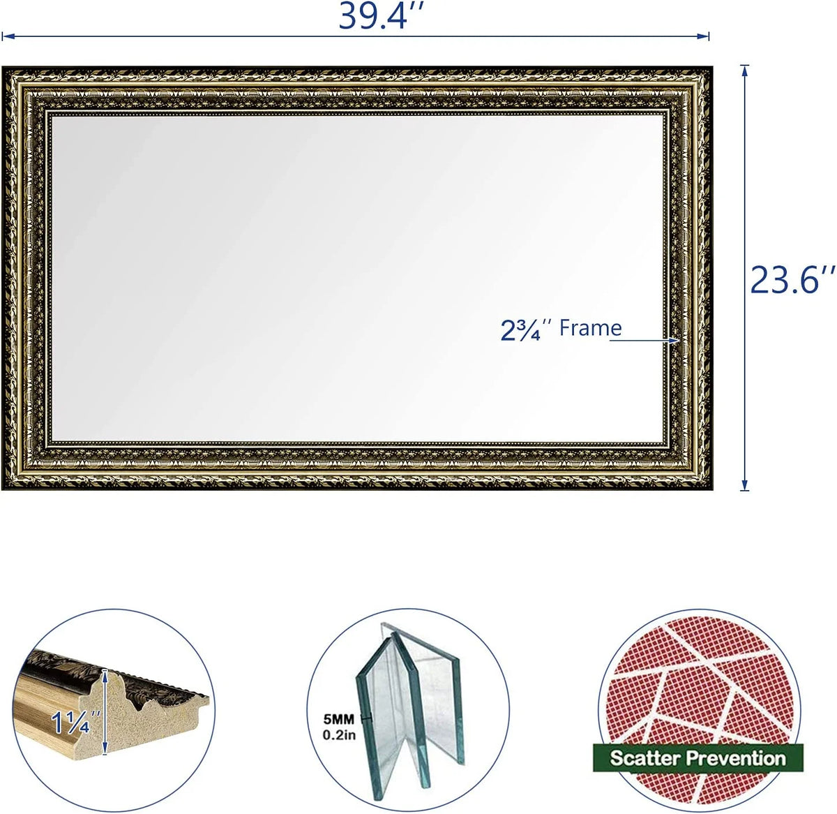 H - A Black&Gold Framed Rectangle Bathroom Mirrors for Wall, Mounted Vintage Mirror Vertical or Horizontal - Product image 4