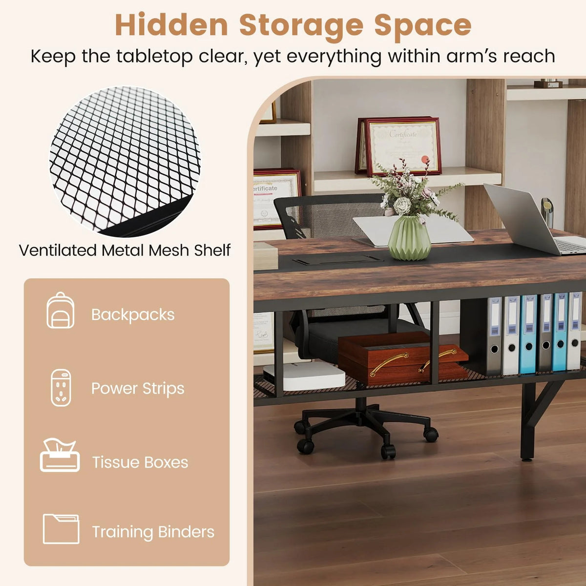 Tangkula Rectangular Meeting Table with Mesh Storage Shelf & Cable Grommet for 6-8 People - Product image 8
