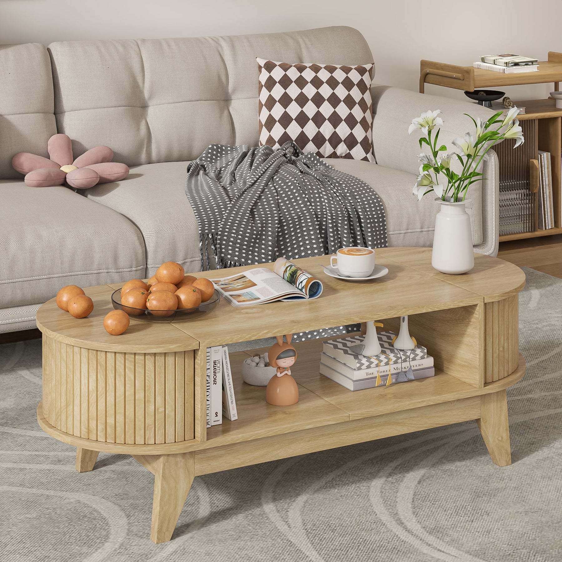 Fluted Coffee Table with Storage, Modern Coffee Tables, Wood Accent Center Table - Product image 2