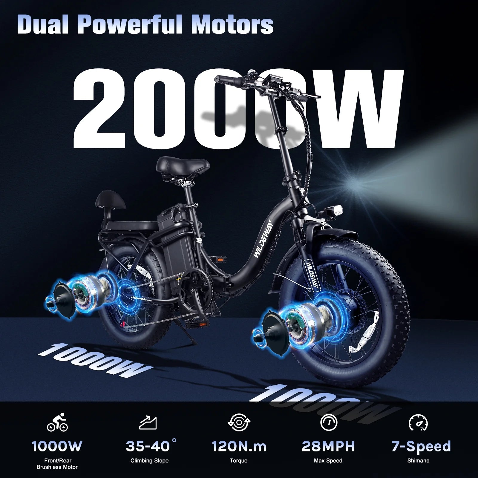 Wildeway Folding Dual Motors 2000W Mountain Bike for Adult, UL2849 48V 32AH Removable Battery Ebike - Product image 5
